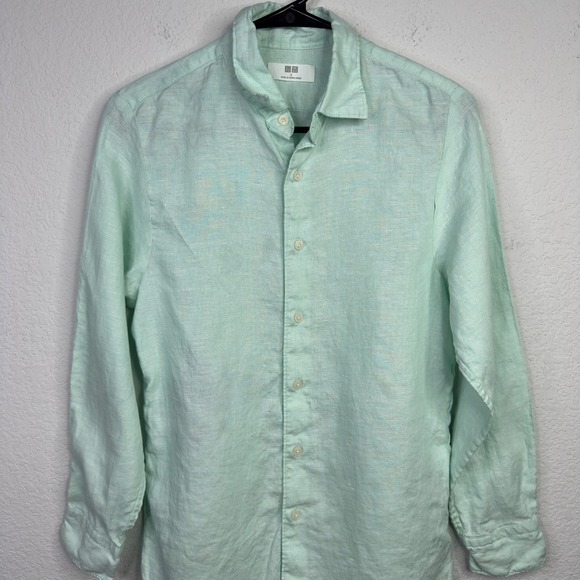 Uniqlo Shirt Mens S Green Linen Button Long Sleeve Summer Coastal Minimalist - Picture 3 of 10
